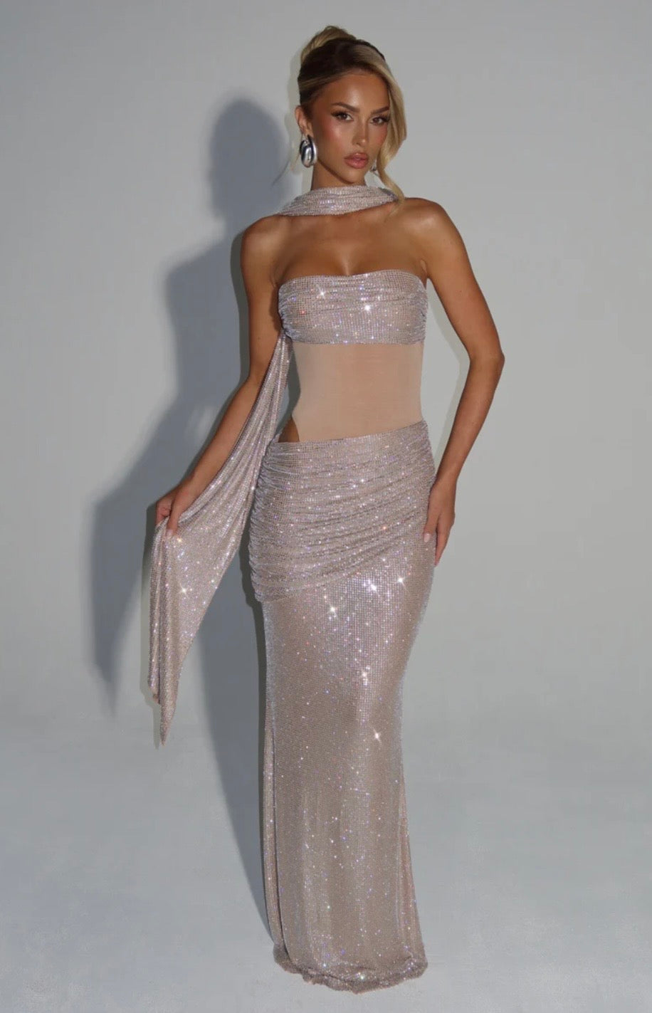 Women's Strapless Sequin Cutout Maxi Dress with Matching Scarf Detail