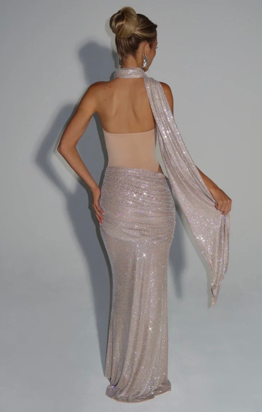 Women's Strapless Sequin Cutout Maxi Dress with Matching Scarf Detail