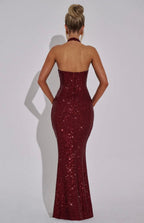 Women's Sequin Halter Neck Fitted Mermaid Maxi Dress with Open Back