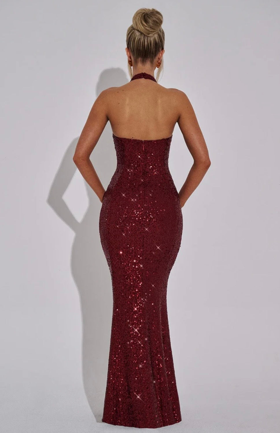 Women's Sequin Halter Neck Fitted Mermaid Maxi Dress with Open Back