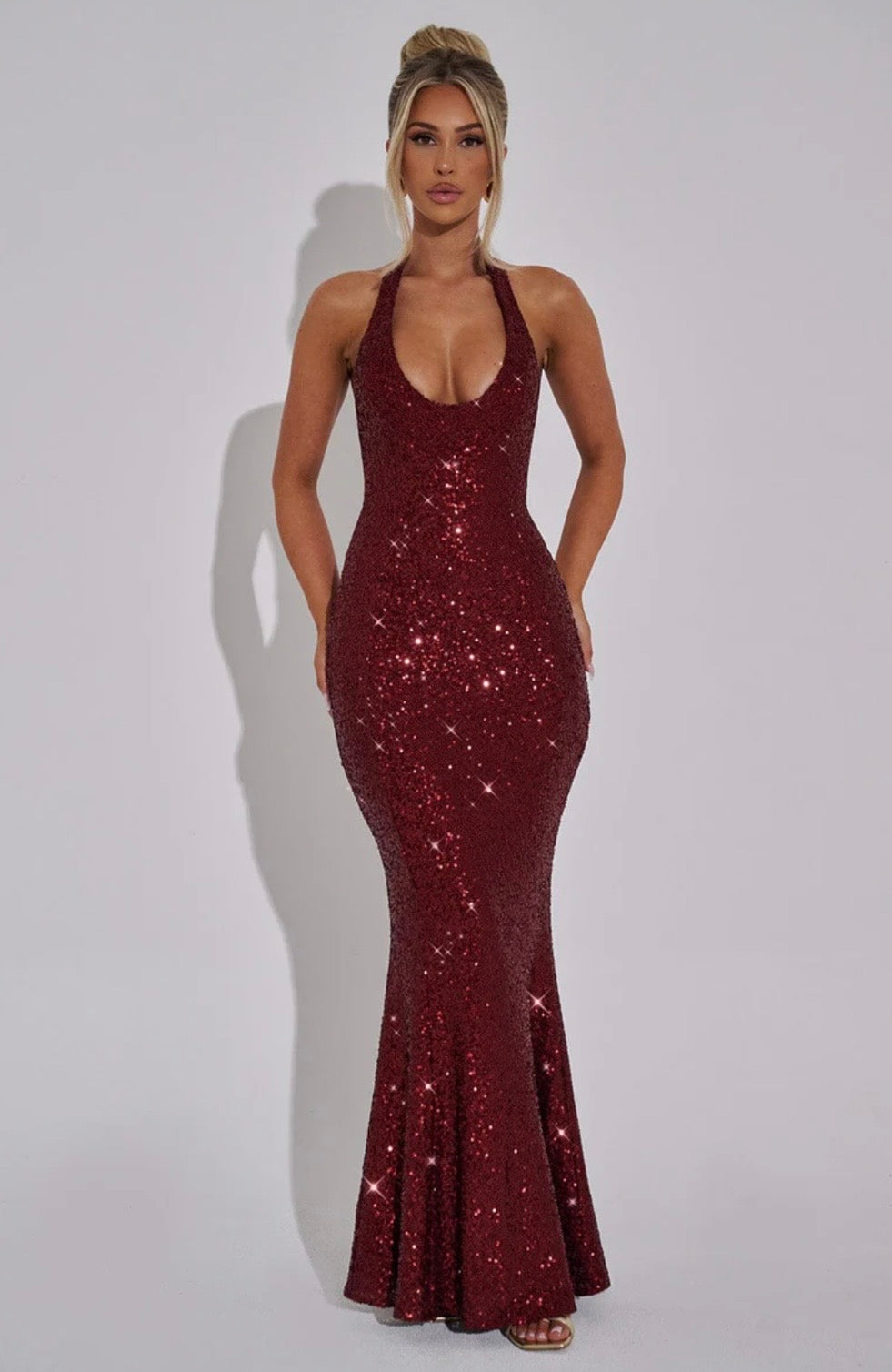 Women's Sequin Halter Neck Fitted Mermaid Maxi Dress with Open Back Main image