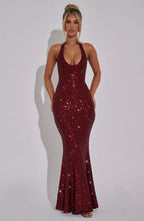 Women's Sequin Halter Neck Fitted Mermaid Maxi Dress with Open Back