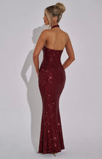 Women's Sequin Halter Neck Fitted Mermaid Maxi Dress with Open Back
