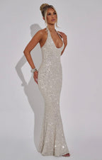 Women's Sequin Halter Neck Fitted Mermaid Maxi Dress with Open Back