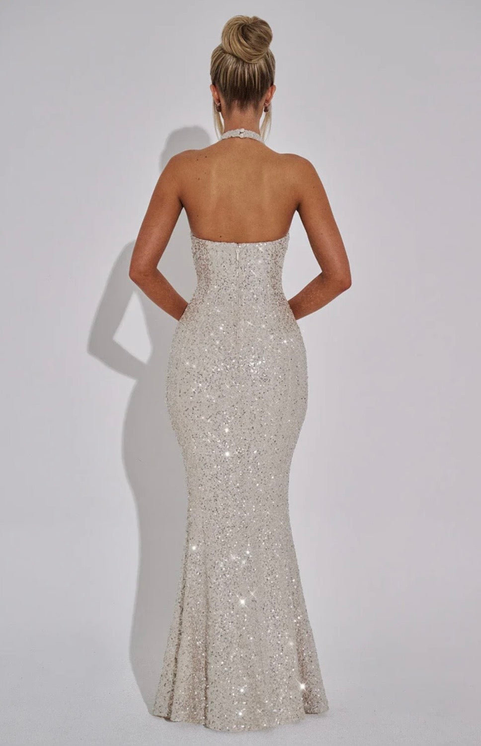 Women's Sequin Halter Neck Fitted Mermaid Maxi Dress with Open Back
