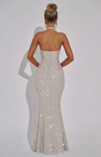 Women's Sequin Halter Neck Fitted Mermaid Maxi Dress with Open Back