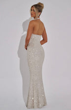 Women's Sequin Halter Neck Fitted Mermaid Maxi Dress with Open Back