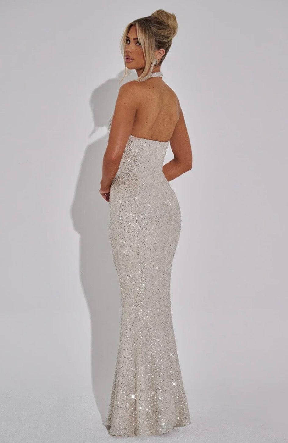 Women's Sequin Halter Neck Fitted Mermaid Maxi Dress with Open Back