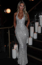 Women's Sequin Halter Neck Fitted Mermaid Maxi Dress with Open Back