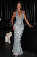 Women's Fitted Halter Sequin Maxi Dress with Cowl Neck