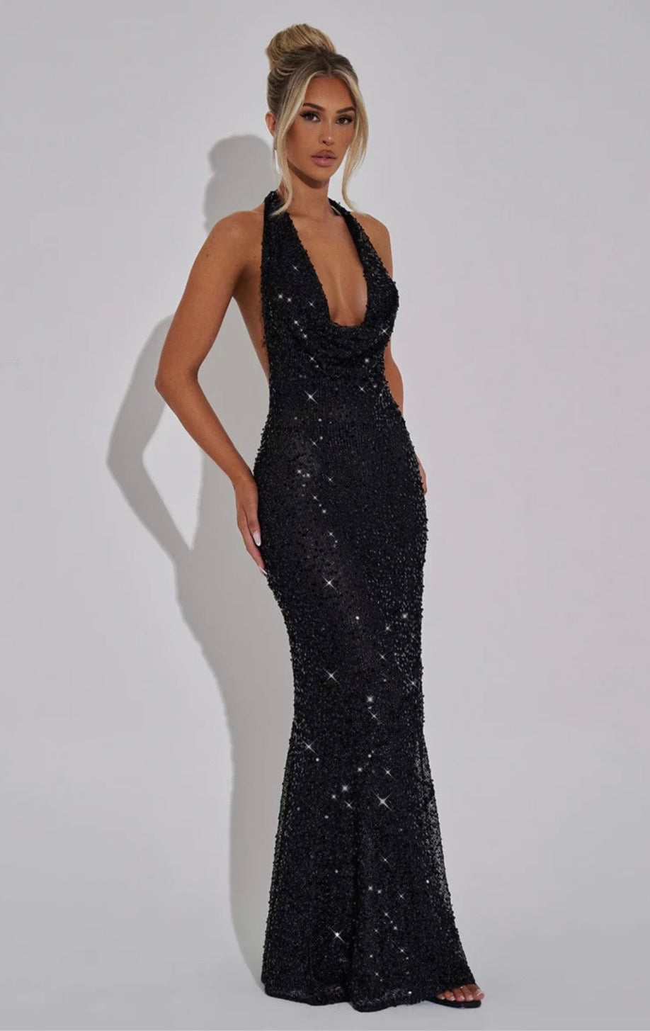 Women's Fitted Halter Sequin Maxi Dress with Cowl Neck