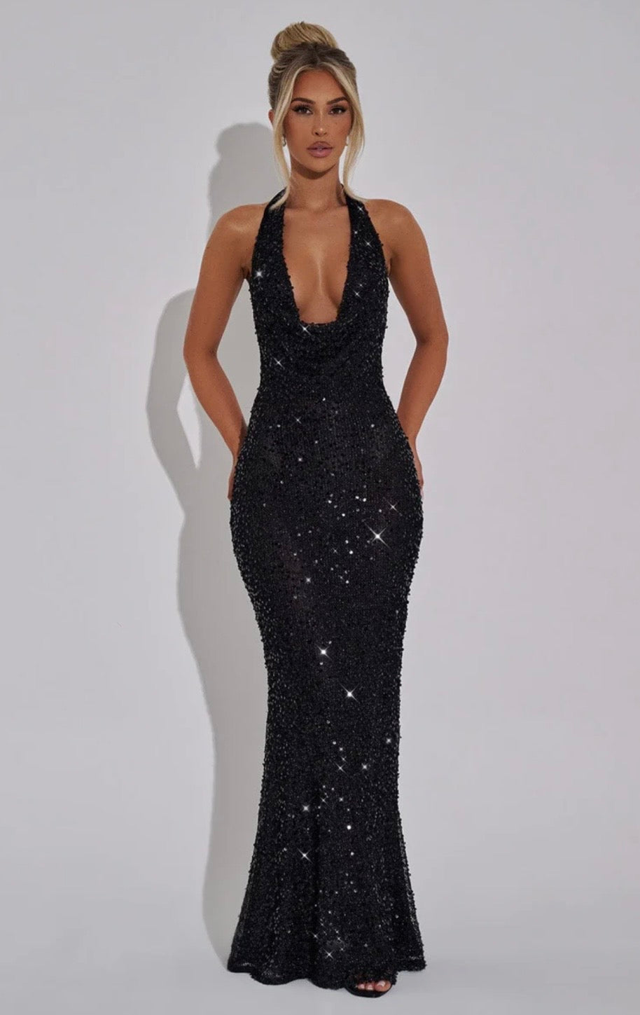 Women's Fitted Halter Sequin Maxi Dress with Cowl Neck