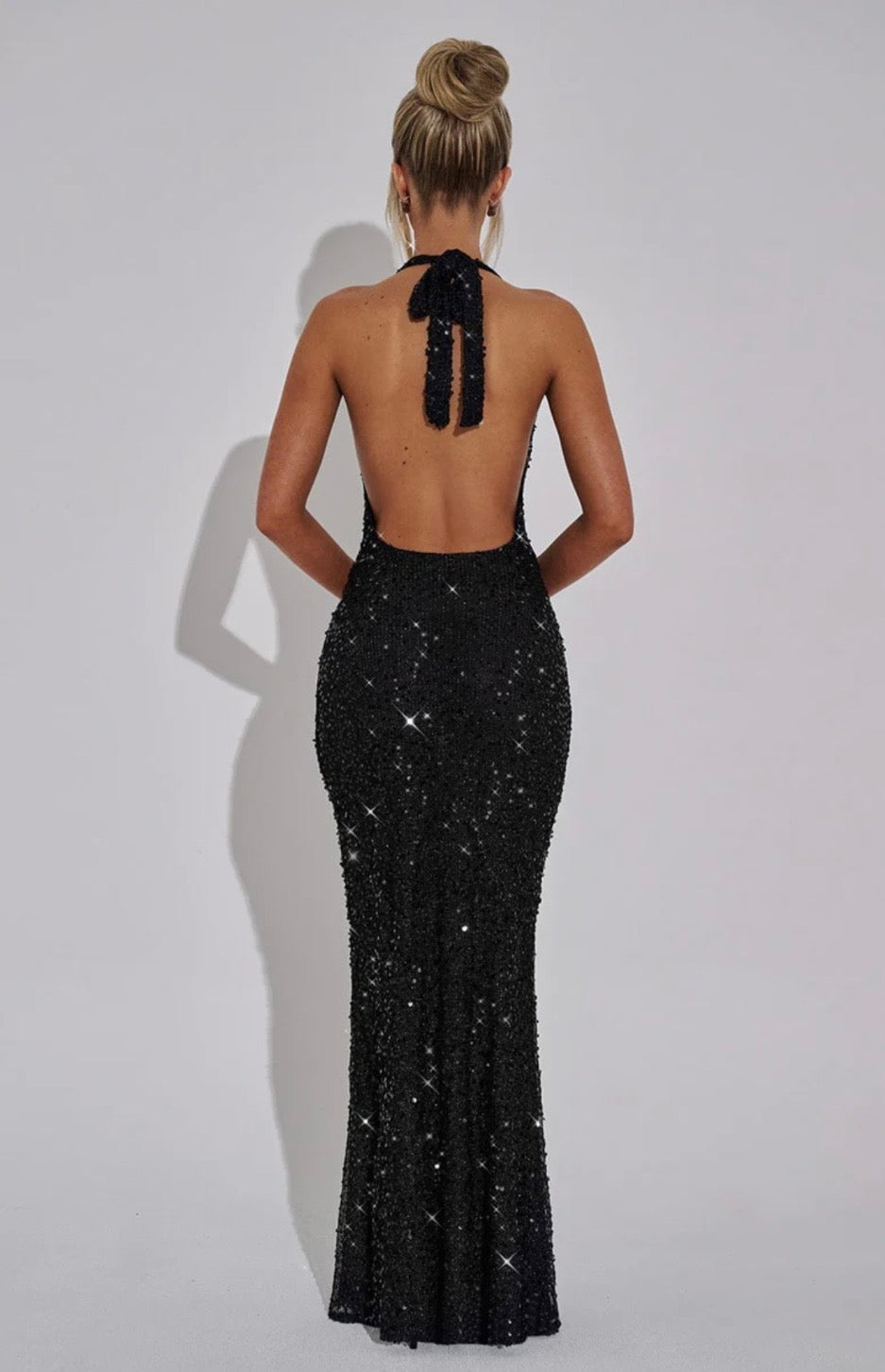 Women's Fitted Halter Sequin Maxi Dress with Cowl Neck