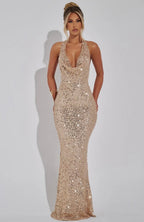 Women's Fitted Halter Sequin Maxi Dress with Cowl Neck