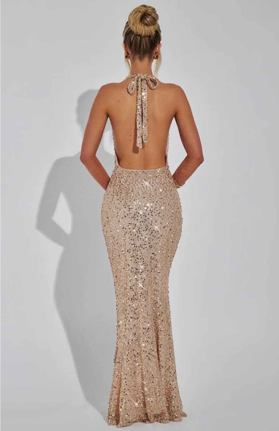 Women's Fitted Halter Sequin Maxi Dress with Cowl Neck