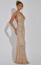 Women's Fitted Halter Sequin Maxi Dress with Cowl Neck