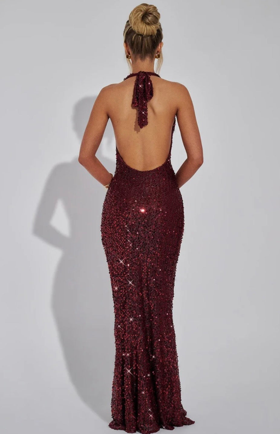Women's Fitted Halter Sequin Maxi Dress with Cowl Neck