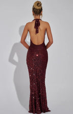 Women's Fitted Halter Sequin Maxi Dress with Cowl Neck