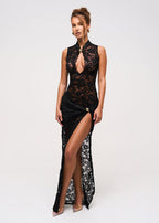 Women's Black Lace High Slit Maxi Dress Sleeveless Mock Neck