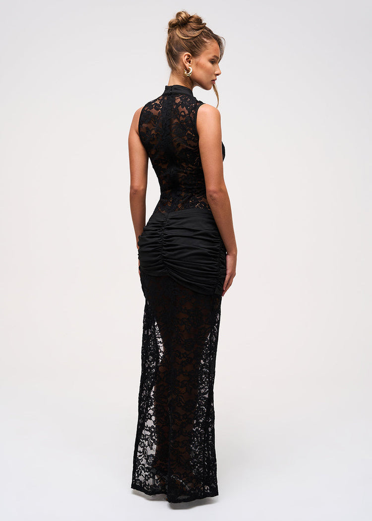 Women's Black Lace High Slit Maxi Dress Sleeveless Mock Neck
