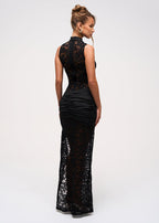 Women's Black Lace High Slit Maxi Dress Sleeveless Mock Neck