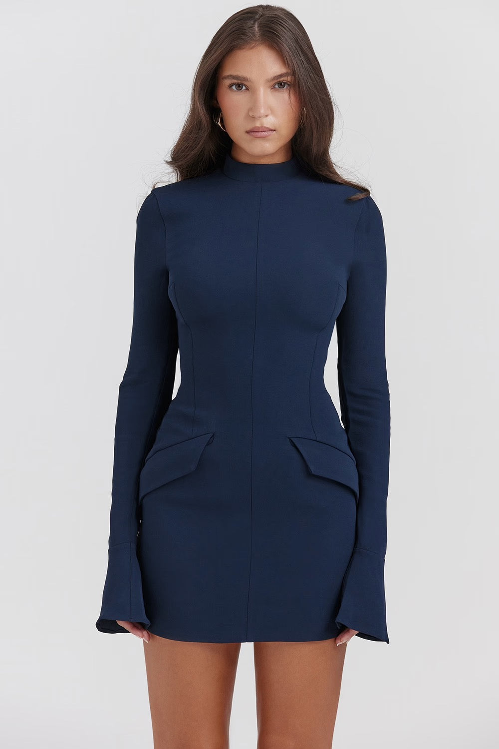 High Neck Mini Dress With Flared Cuffs
