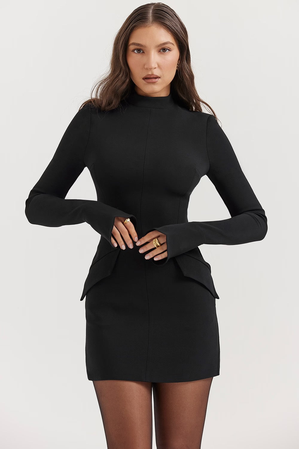 High Neck Mini Dress With Flared Cuffs