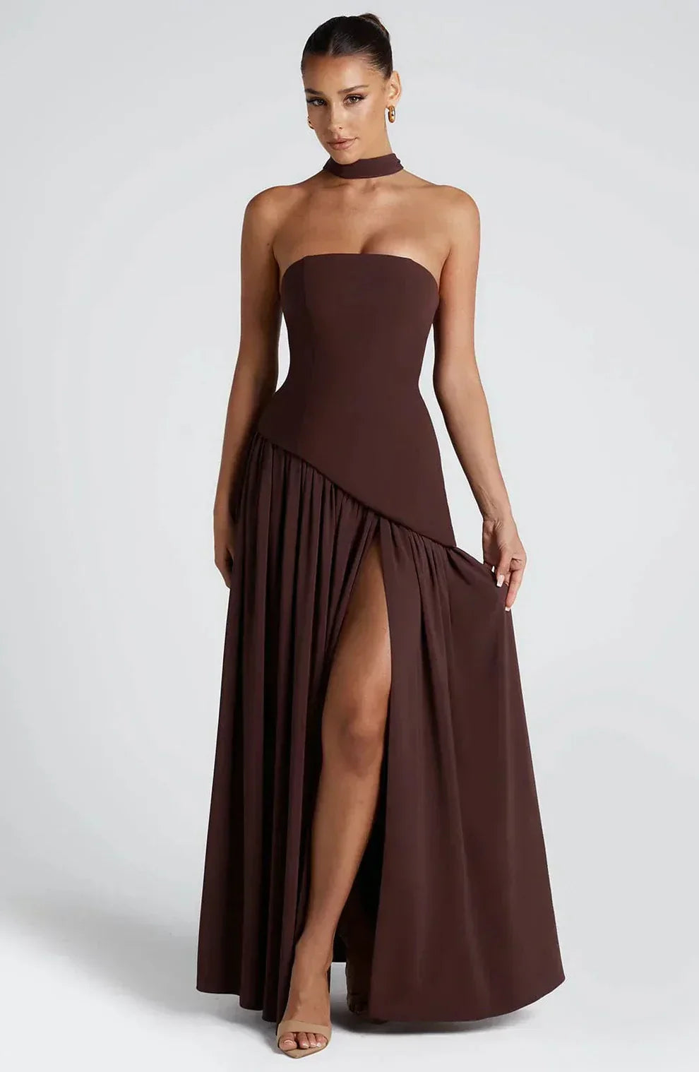 Women's Strapless Bodycon Maxi Dress with Draped Skirt and Split
