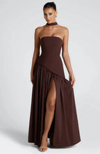 Women's Strapless Bodycon Maxi Dress with Draped Skirt and Split