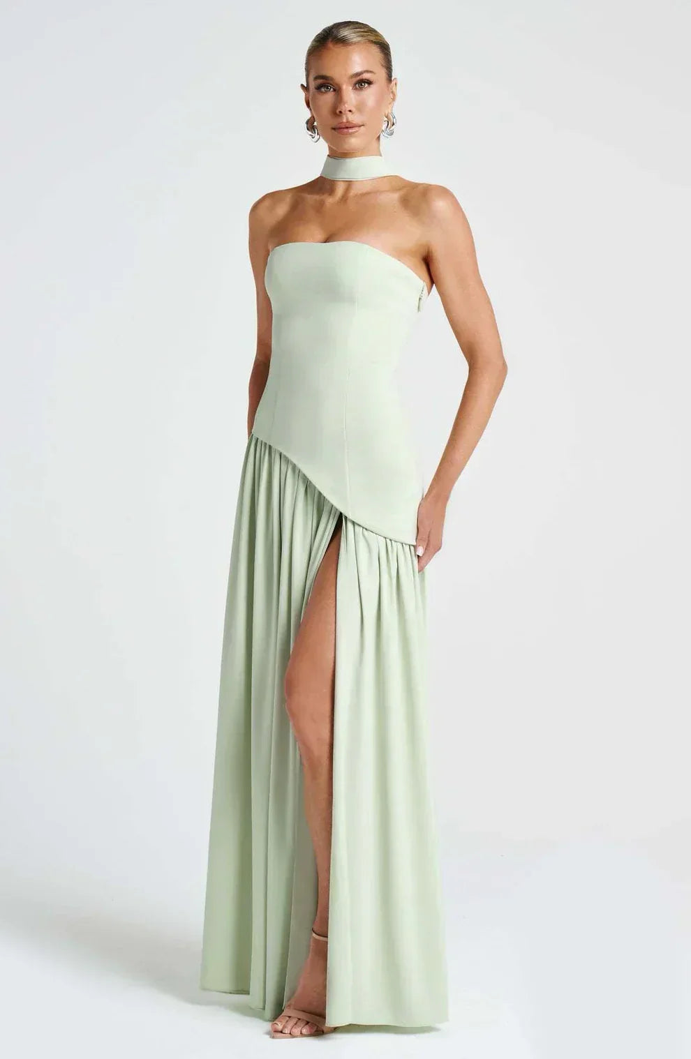 Women's Strapless Bodycon Maxi Dress with Draped Skirt and Split