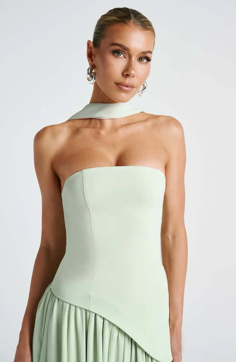 Women's Strapless Bodycon Maxi Dress with Draped Skirt and Split
