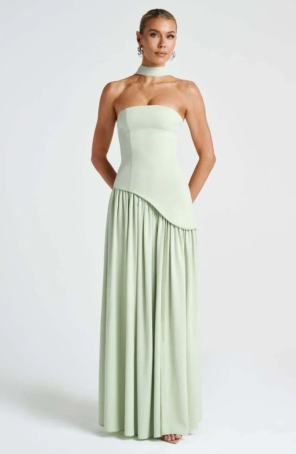 Women's Strapless Bodycon Maxi Dress with Draped Skirt and Split