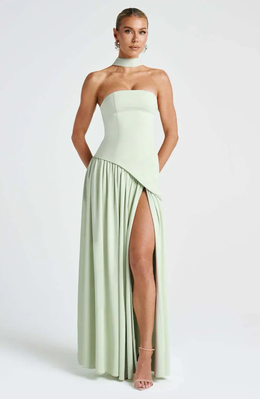 Women's Strapless Bodycon Maxi Dress with Draped Skirt and Split