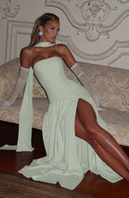 Women's Strapless Bodycon Maxi Dress with Draped Skirt and Split