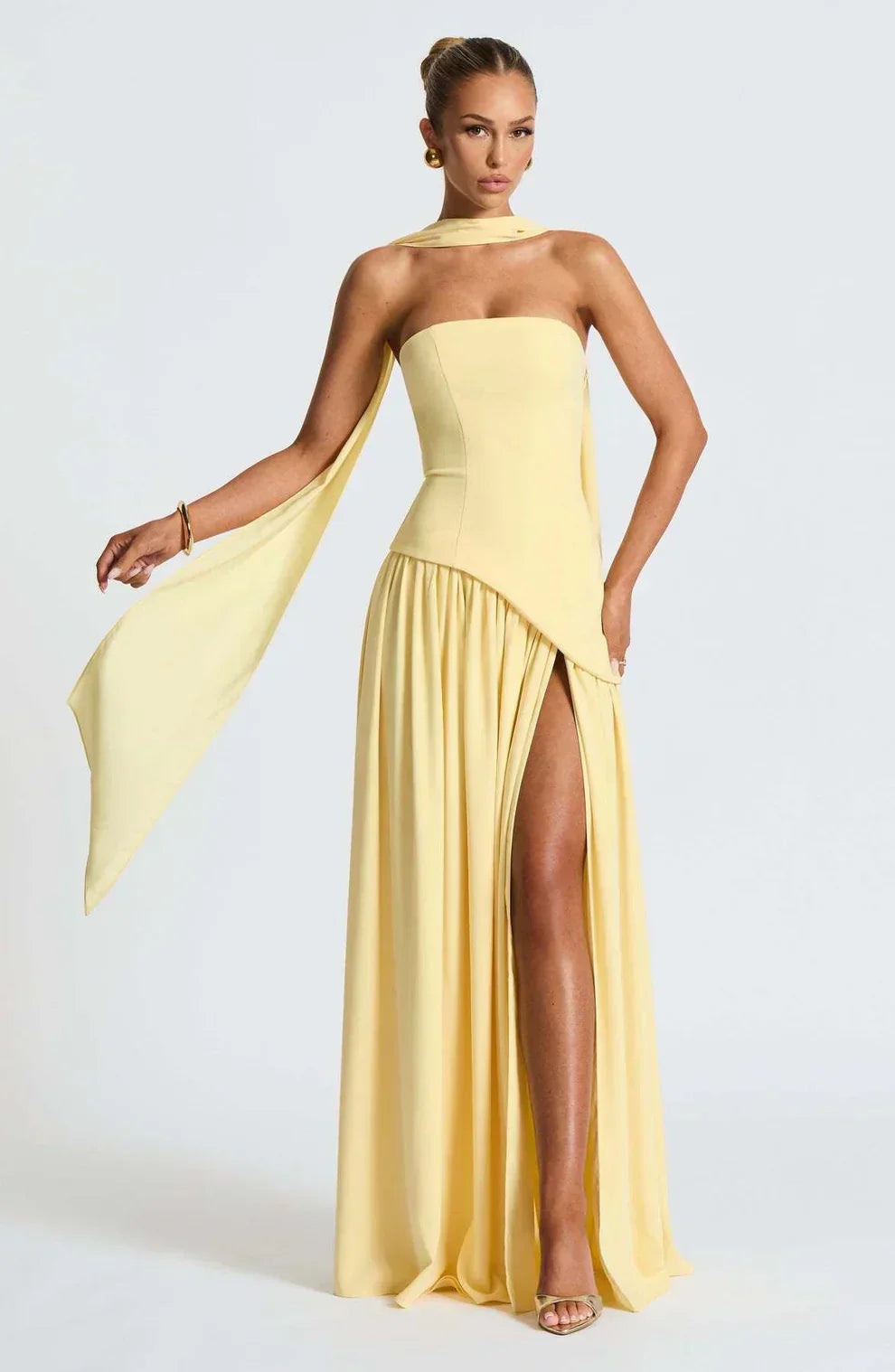 Women's Strapless Bodycon Maxi Dress with Draped Skirt and Split