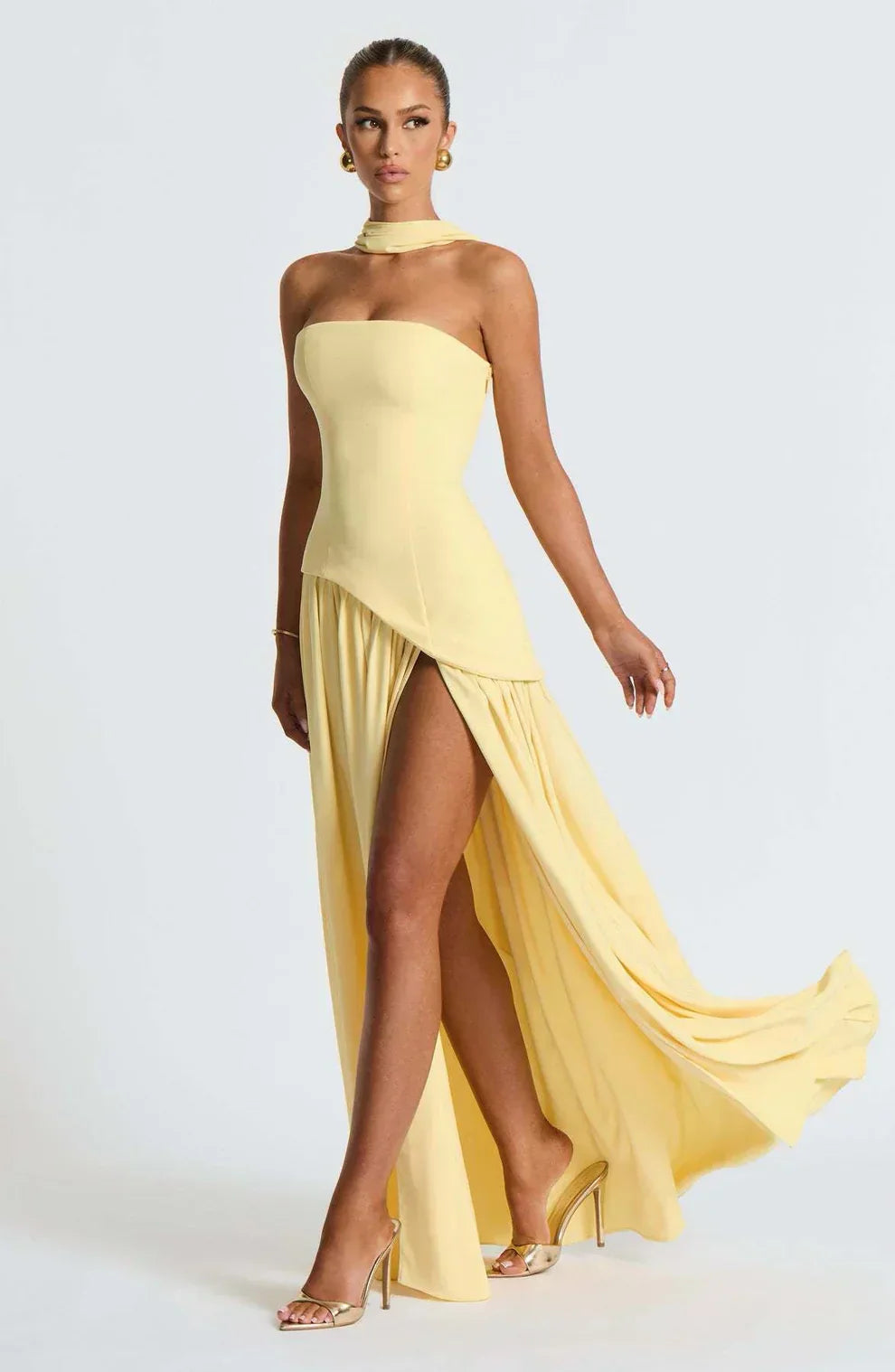 Women's Strapless Bodycon Maxi Dress with Draped Skirt and Split