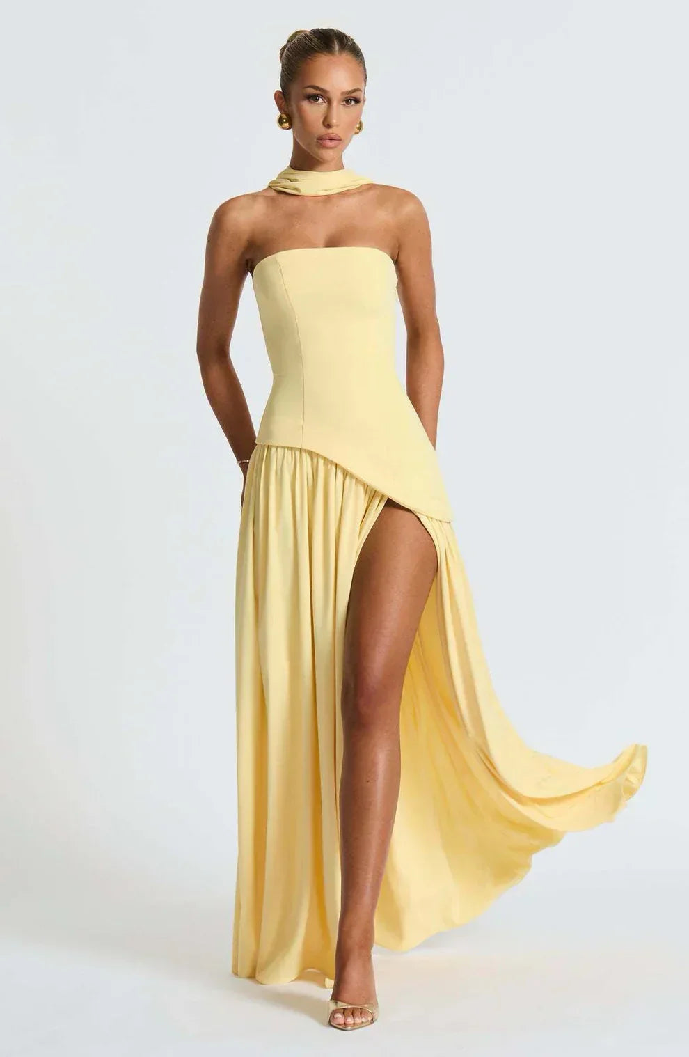 Women's Strapless Bodycon Maxi Dress with Draped Skirt and Split