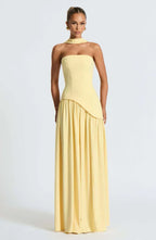 Women's Strapless Bodycon Maxi Dress with Draped Skirt and Split
