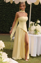 Women's Strapless Bodycon Maxi Dress with Draped Skirt and Split
