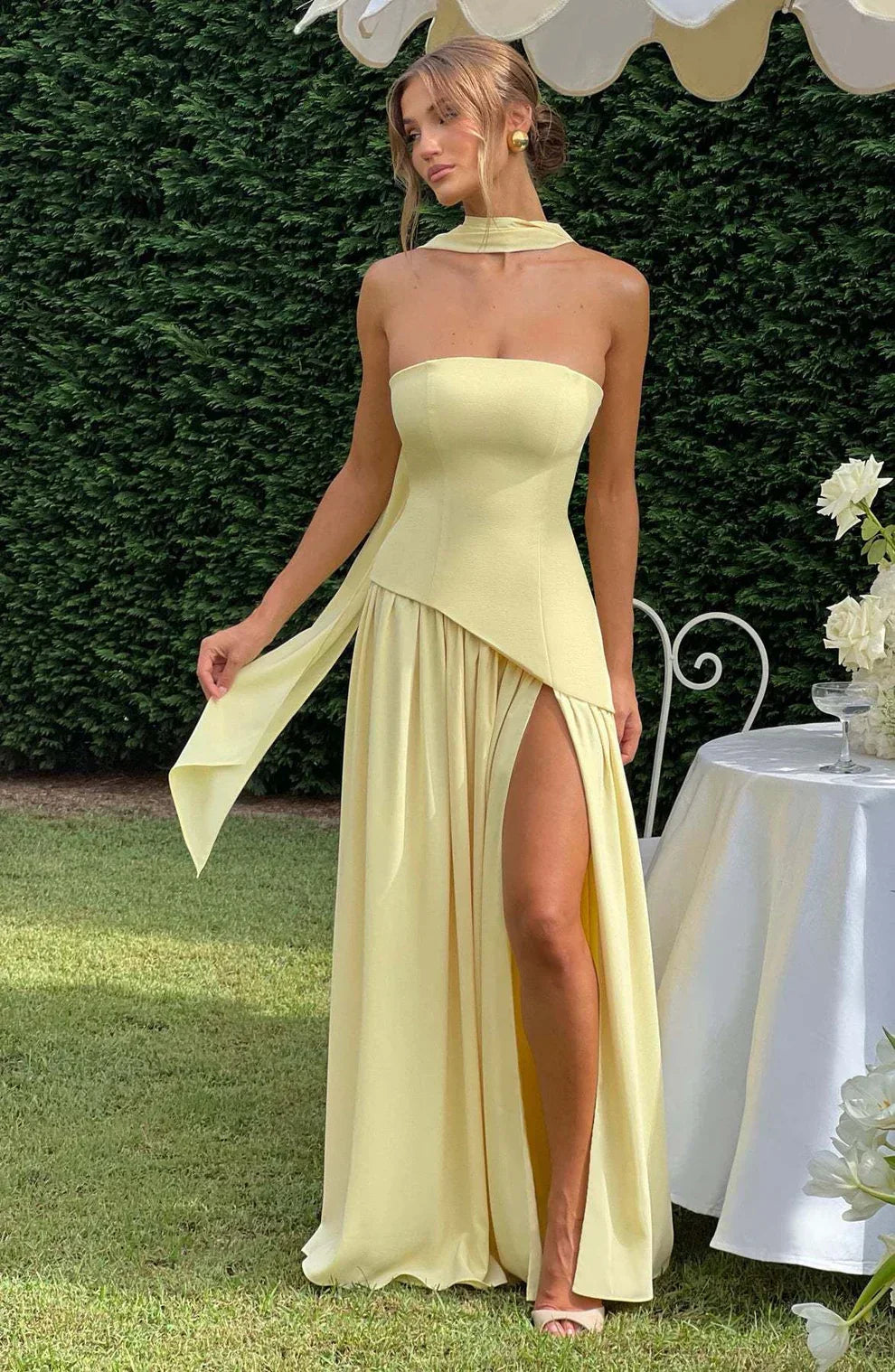 Women's Strapless Bodycon Maxi Dress with Draped Skirt and Split