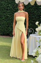 Women's Strapless Bodycon Maxi Dress with Draped Skirt and Split