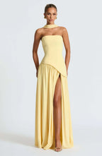 Women's Strapless Bodycon Maxi Dress with Draped Skirt and Split