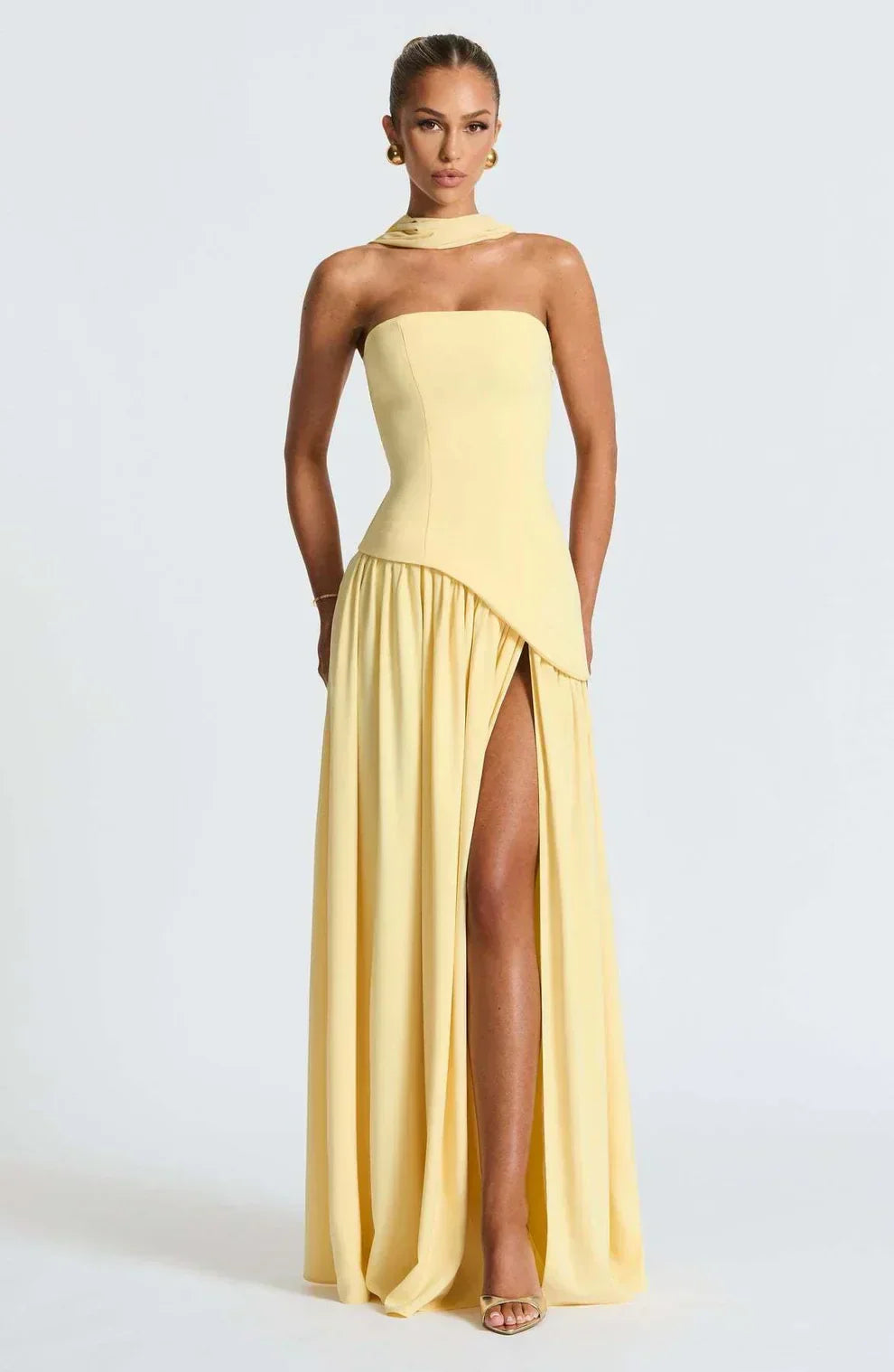 Women's Strapless Bodycon Maxi Dress with Draped Skirt and Split