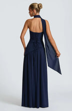 Women's Strapless Bodycon Maxi Dress with Draped Skirt and Split
