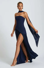 Women's Strapless Bodycon Maxi Dress with Draped Skirt and Split