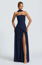 Women's Strapless Bodycon Maxi Dress with Draped Skirt and Split