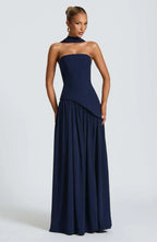 Women's Strapless Bodycon Maxi Dress with Draped Skirt and Split