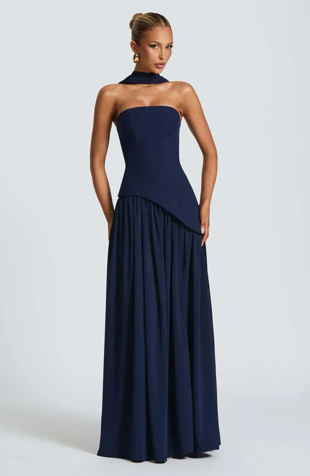 Women's Strapless Bodycon Maxi Dress with Draped Skirt and Split