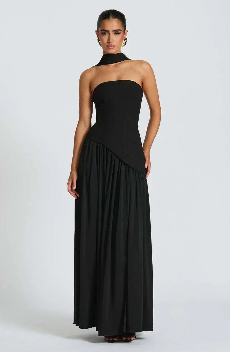 Women's Strapless Bodycon Maxi Dress with Draped Skirt and Split
