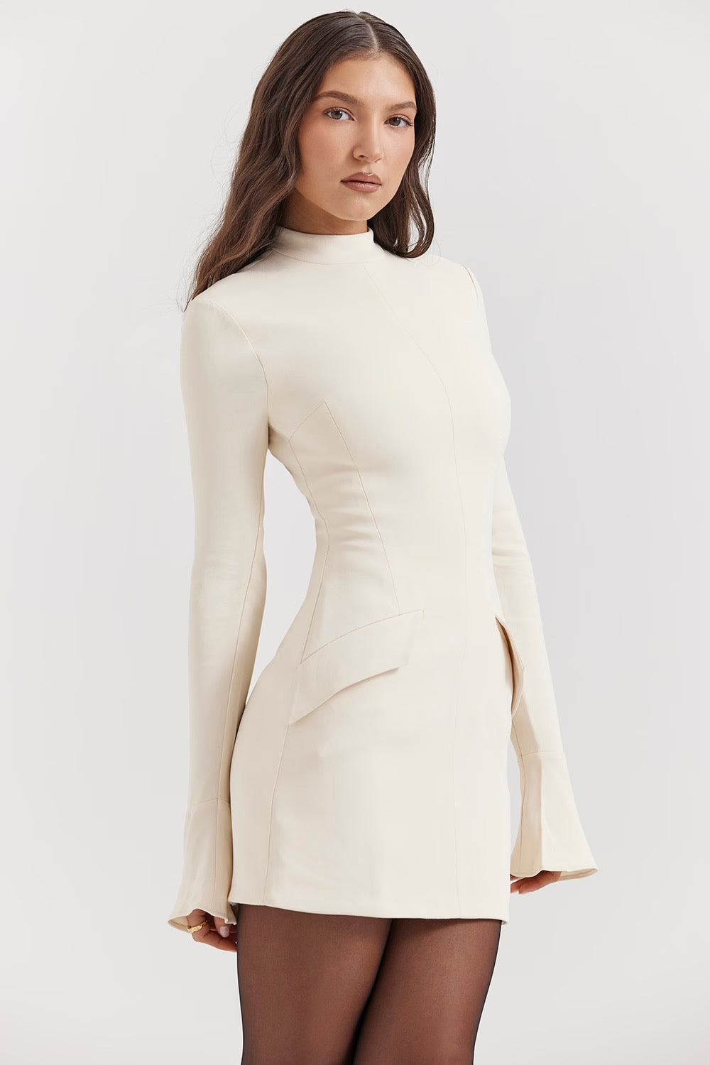 High Neck Mini Dress With Flared Cuffs